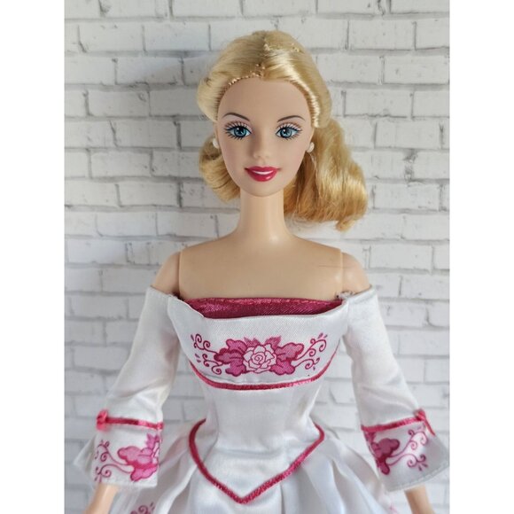 Barbie Other - Avon Mattel 2002 Victorian Tea Blonde Hair White Pink Roses Satin Dress Doll